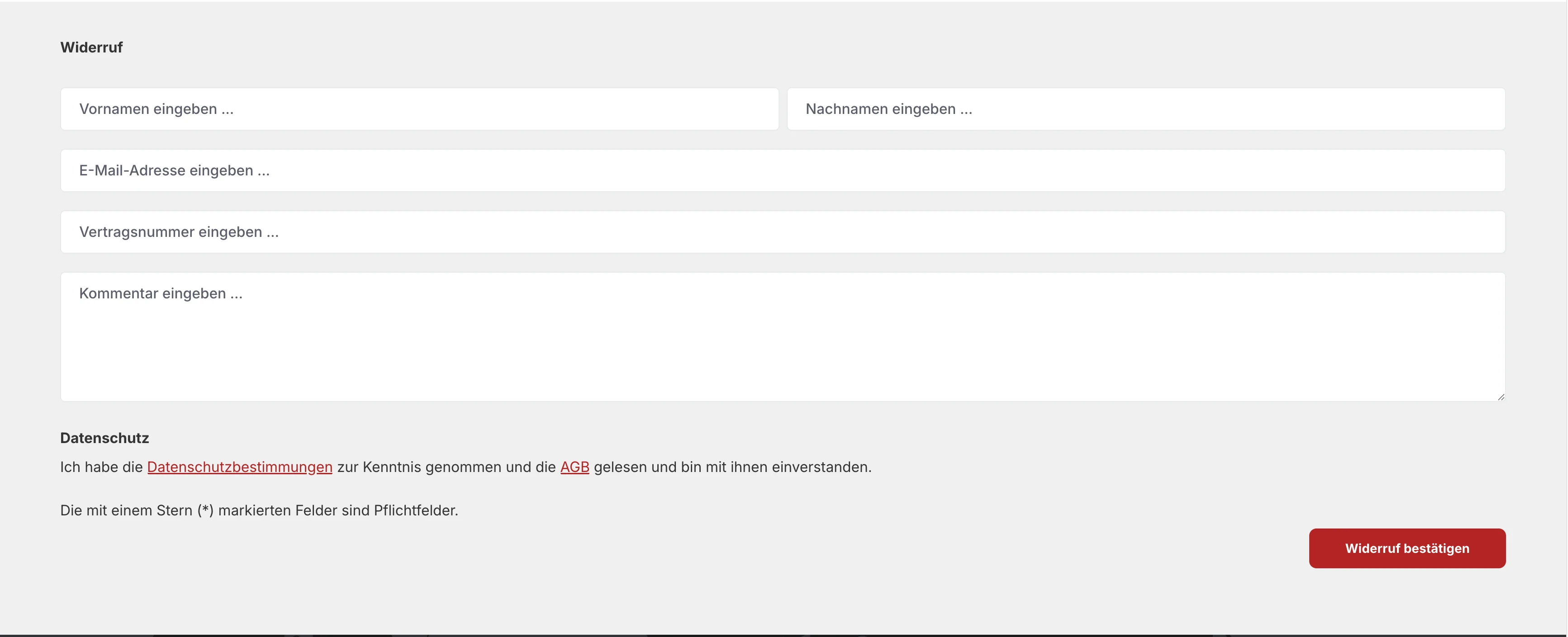 Widerrufsformular in Shopware 6 mit Feldern für Vor- und Nachname, E-Mail, Vertragsnummer und der Schaltfläche „Widerruf bestätigen“