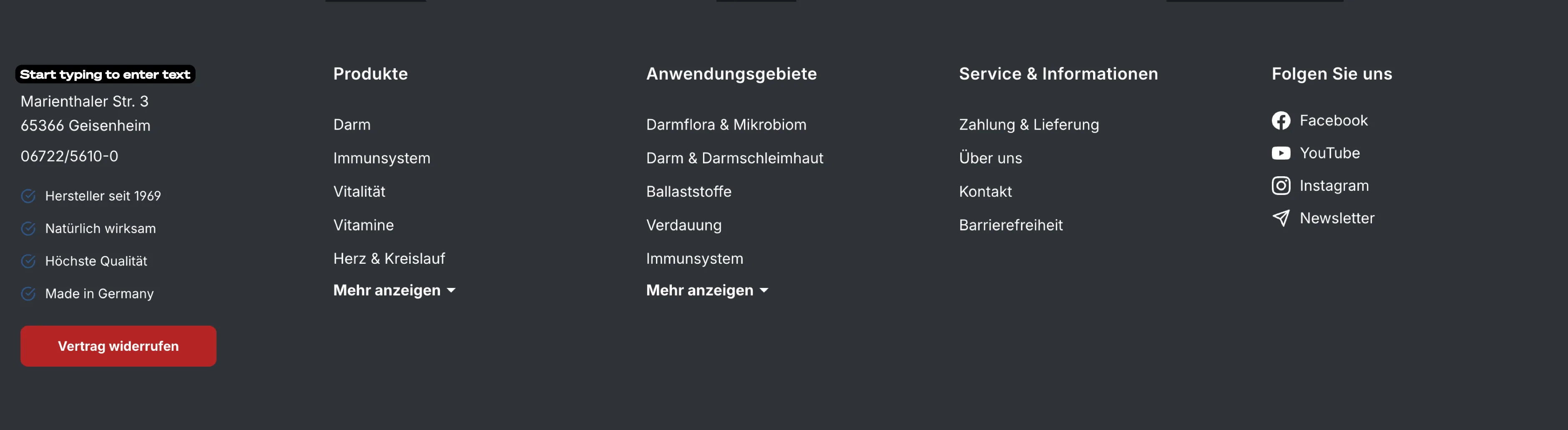 Widerrufsbutton „Vertrag widerrufen“ im Footer eines Shopware-6-Storefronts